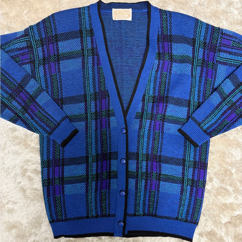 Wool Cardigan -Women’s M Blue, Purple, Black Plaid-Sizing runs small-Vintage